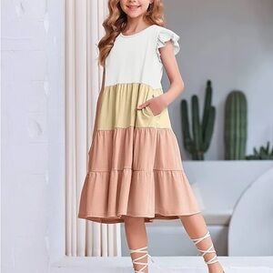 Arshiner Girls Tier Colorblock Ruffle Swing Dress White Pink & Yellow Size 6